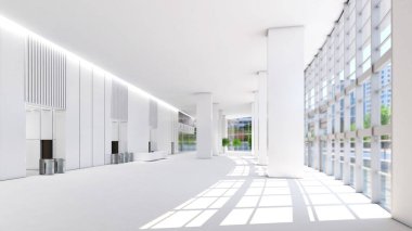 Büyük ofis salonu. Beyaz yapı ışıkla parıldıyor. Ofis alanı, 3D görüntüleme.