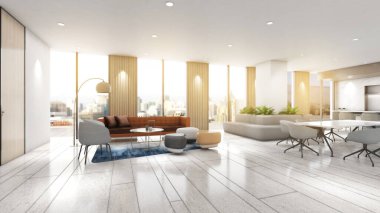 Yuksek katli bir apartmanda yasama alani ve yemek alani, 3D