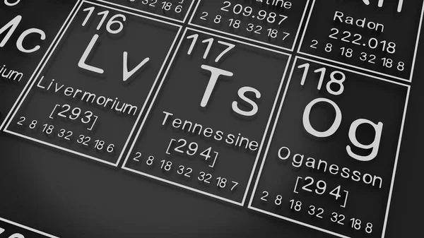 Siyah Zemin Üzerindeki Elementlerin Periyodik Tablosundaki Livermorium Tennessine Oganesson Kimyasal — Stok fotoğraf