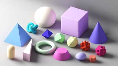 Çeşitli tasarımlarda geometrik şekillerin soyut çizimi, 3D görüntüleme