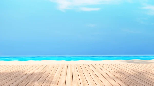 海滩上的木地板 海滩上的度假旅行 带放松的夏季和海滩概念 3D渲染 — 图库照片
