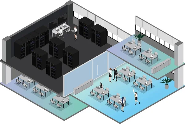 Isometrische Weergave Van Een Grote Serverruimte Voor Kantoor Datacenter Met — Stockvector