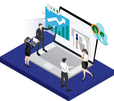 Kişisel ve iş bilgisini gösteren ve analiz eden bilgisayar ve ekranlar. İş yerinde işbirliği ve iç iletişim toplantıları, şirket performansını analiz etme ve rapor etme
