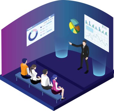 İşletmeler için basın toplantılarında kurumsal vizyonlar sunan iş haberleri konferans sahnesinde bilgi sergileniyor