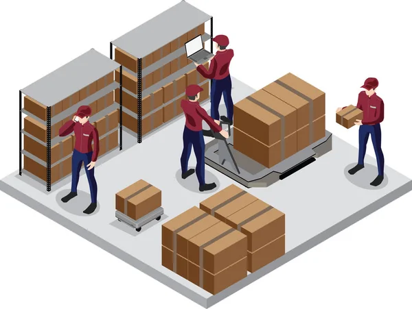 仓库的等距视图 运输车辆使用机器人和人 把货物捡起来 在产品管理中使用自动化 纸板箱等待装卸 仓库和技术 — 图库矢量图片