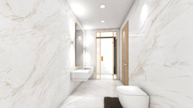 Duş tuvaleti, lavabosu ve yan manzarası olan bir banyo. 3B Hazırlama