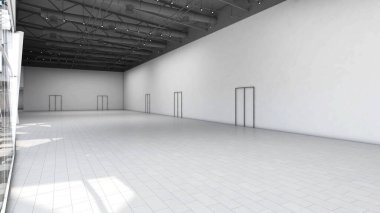 Büyük iç mimari aydınlatma ile büyük beyaz salon beyaz açık alan, 3D görüntüleme