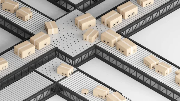 Using technology in warehouses and packaging,Auto-Trailing Systems and Products,rail system in the warehouse,3d rendering