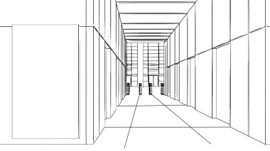Büyük bir ofis binasının çizgi çizimi, 3D görüntüleme