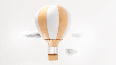 Gökyüzünde süzülen sarı ve beyaz çizgili bir balon resmi ve beyaz arkaplanda beyaz bulutlar, balonlar parlak düşünceleri temsil ediyor.