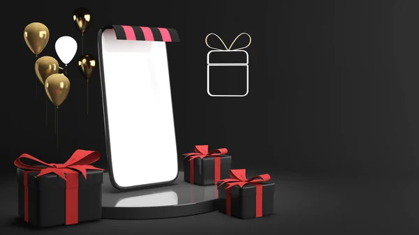 Black Friday,Use your mobile phone to shopping deliver.,black mobile phone on back circle pedestal for Check the delivery area,mock up mobile,3d rendering