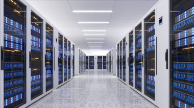 Veri Merkezi 'nin tam teşekküllü sunucu raflarıyla çekilmiş hali. Modern Telekomünikasyon, Veri Merkezi soğutma, sunucu odası, 3D görüntüleme