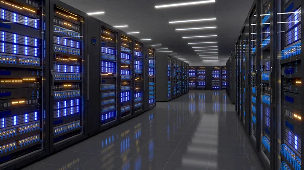 Veri Merkezi 'nin tam teşekküllü sunucu raflarıyla çekilmiş hali. Modern Telekomünikasyon, Veri Merkezi soğutma, sunucu odası, 3D görüntüleme
