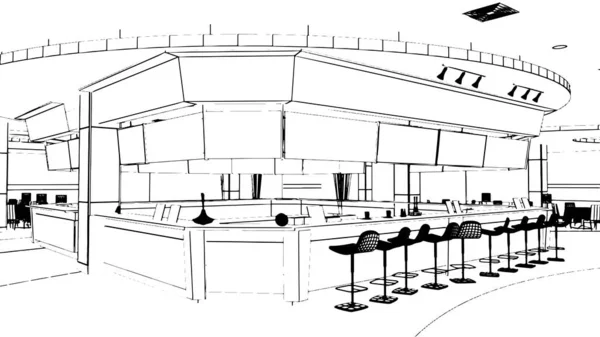 Foodcourt Space Line Drawing Mall Rendering — Stock Vector
