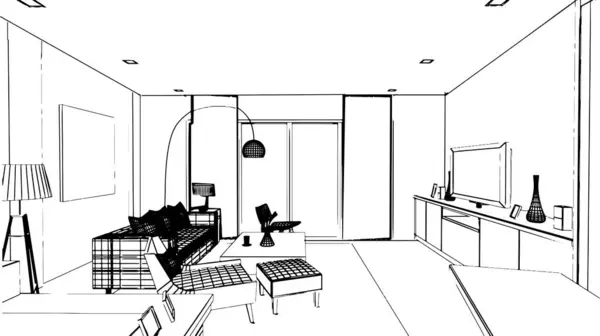Modernen Stil Wohnzimmer Linienzeichnung Rendering — Stockvektor