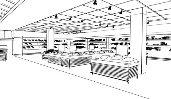 Dessins Trait Supermarchés Vendant Divers Produits Alimentaires Rendu — Image vectorielle