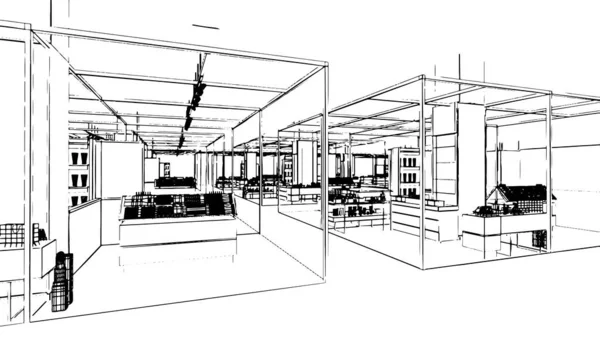 百货商店大堂 时装店部分 3D渲染区的线条图 — 图库矢量图片