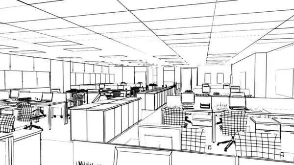 Huge Office Area Office Area Document Work Line Drawings Rendering — Stock Vector