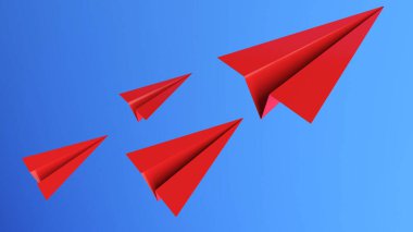 Yarışmada ilk havalanan olmak üzere, mavi arka planda kırmızı bir kağıt uçak beliriyor.
