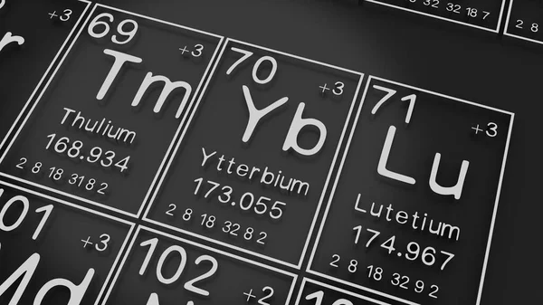 ブラックブラックグラウンドの要素の周期表にあるトゥリウム ヤッテビウム ルテティウムは 化学元素の歴史は 原子番号と記号 3Dレンダリングを表しています — ストック写真