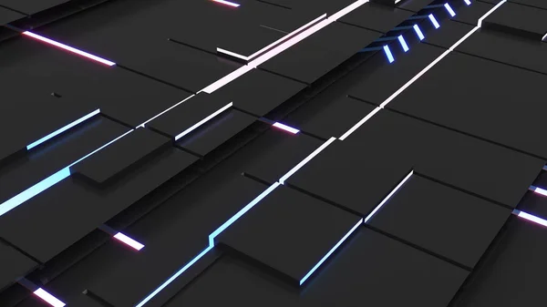 Abstrakte Schwarze Technologie Quadratische Form Hintergrund Und Neonlicht Cyberspace Rendering — Stockfoto