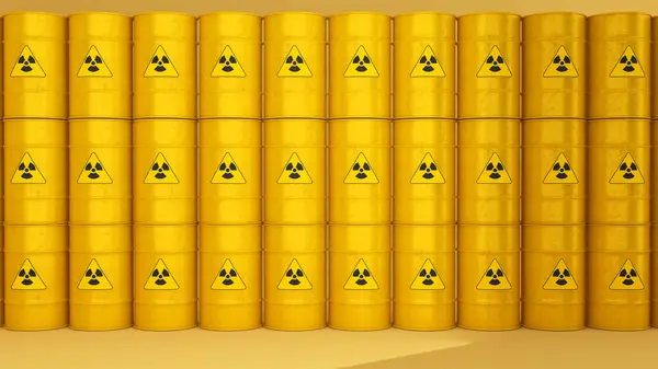 Radioactive storage tanks with a warning for chemical and radiation risks on a yellow backdrop.,3d rendering