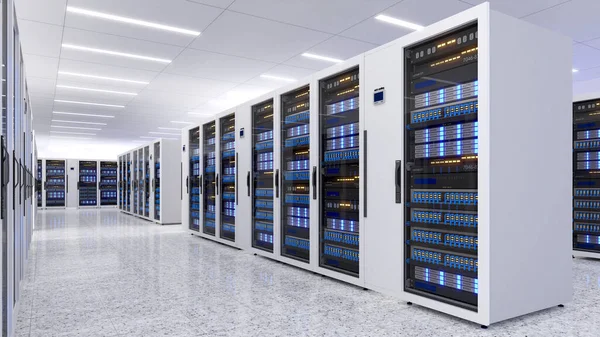 Veri Merkezi 'nin tam teşekküllü sunucu raflarıyla çekilmiş hali. Modern Telekomünikasyon, Veri Merkezi soğutma, sunucu odası, 3D görüntüleme