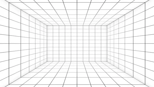 A grid of lines in an empty, white room serves as a visual cue. ,a space with a distance-measuring grid , a grid view,3d renderin