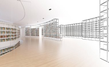 Bir kitapçının koridoru, kitapçı, modern tasarım, 3D tasarım