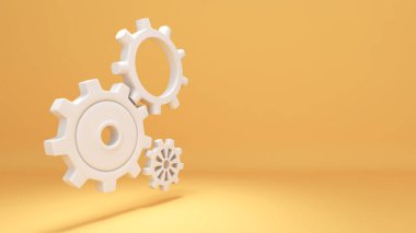 Beyaz arka planda beyaz dişli, yaratıcılık ve iş mekanizması, 3D görüntüleme