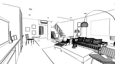 Modern tarz oturma odası çizimi, 3D görüntüleme