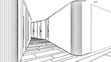 Koridorların çizimleri, ofis binaları, üç boyutlu çizimler.