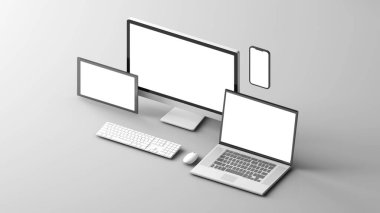 Beyaz arka planlı temiz beyaz cihaz modeli seti. Tablet PC, masaüstü bilgisayar mobil ve dizüstü 3D oluşturma
