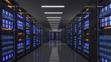 Veri Merkezi 'nin tam teşekküllü sunucu raflarıyla çekilmiş hali. Modern Telekomünikasyon, Veri Merkezi soğutma, sunucu odası, 3D görüntüleme