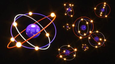 Protonlar, nötronlar ve elektroniklerden oluşan atomik yapı. Atomun bilimi, 3D görüntüleme