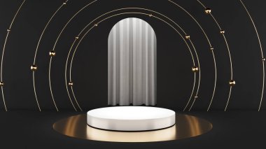 Neon ışıklı altın daire çerçeveli siyah arka kanat üzerindeki beyaz kaide, ürün sunumu için podyum oluşturun, 3D görüntüleme