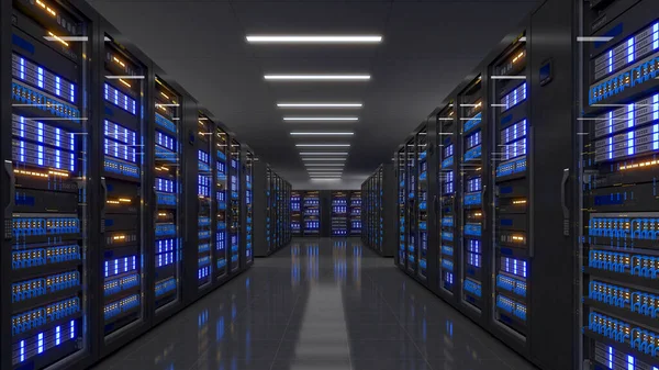 Veri Merkezi 'nin tam teşekküllü sunucu raflarıyla çekilmiş hali. Modern Telekomünikasyon, Veri Merkezi soğutma, sunucu odası, 3D görüntüleme