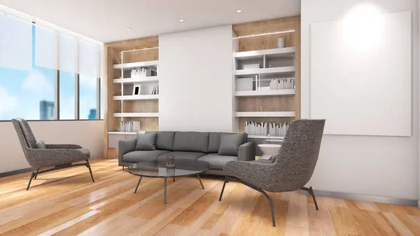 The living area of the house is a sofa and chairs. and stairs modern style decoration,3d rendering