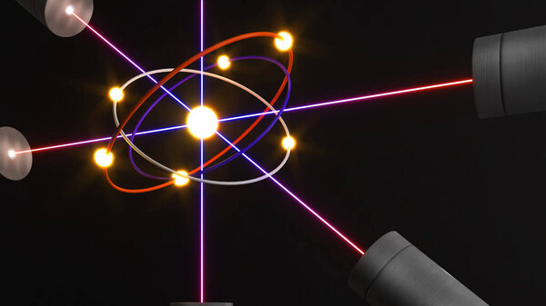Through pointing a light beam towards atoms, one can examine their structure and quantum physical consequences.,3d rendering