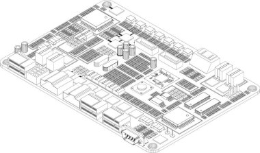 Basit bir bilgisayarın bileşenlerinin bir çizimi. İş yerindeki bilgisayar teknolojisi, izometrik