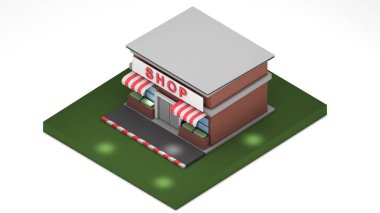 İzometrik görünümde mal ve içecek satan dükkan, 3D görüntüleme