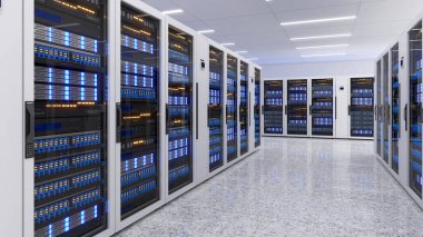 Veri Merkezi 'nin tam teşekküllü sunucu raflarıyla çekilmiş hali. Modern Telekomünikasyon, Veri Merkezi soğutma, sunucu odası, 3D görüntüleme