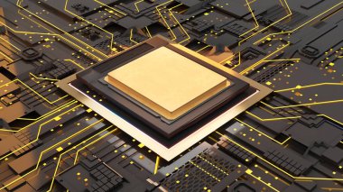 Bilgisayar sistemi bağlantı noktası, merkezi işleme ünitesinin soyut teknolojisi, işyerindeki bilgisayar teknolojisi, devre kartındaki kavramsal işlemci, 3D görüntüleme