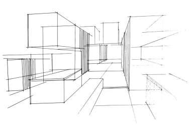 Dış ve iç mimari çizgiler çiziyor. , mimari ve iç tasarım çalışmalarında grafiksel montaj. İç veya dış tasarımlar için eskiz fikirleri.