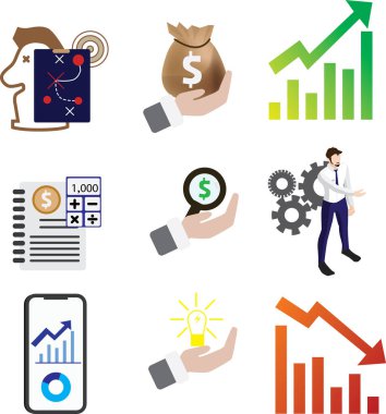 İşletme yönergeleri için çeşitli ikonlar serisi Finansal sektör iş kavramları gelir, gider ve yatırımlar için mali şema