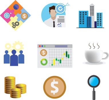 İşletme yönergeleri için çeşitli ikonlar serisi Finansal sektör iş kavramları gelir, gider ve yatırımlar için mali şema