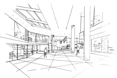 Dış ve iç mimari çizgiler çiziyor. , mimari ve iç tasarım çalışmalarında grafiksel montaj. İç veya dış tasarımlar için eskiz fikirleri.