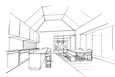 Dış ve iç mimari çizgiler çiziyor. , mimari ve iç tasarım çalışmalarında grafiksel montaj. İç veya dış tasarımlar için eskiz fikirleri.