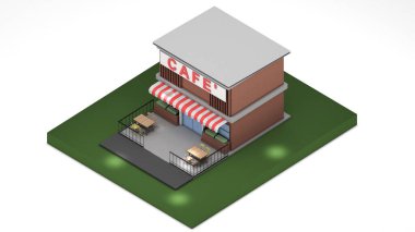 İzometrik görünümde mal ve içecek satan dükkan, 3D görüntüleme