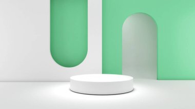 Beyaz ve yeşil arkaplanlı duruş, ürün sunumu için podyum oluşturun, 3D görüntüleme